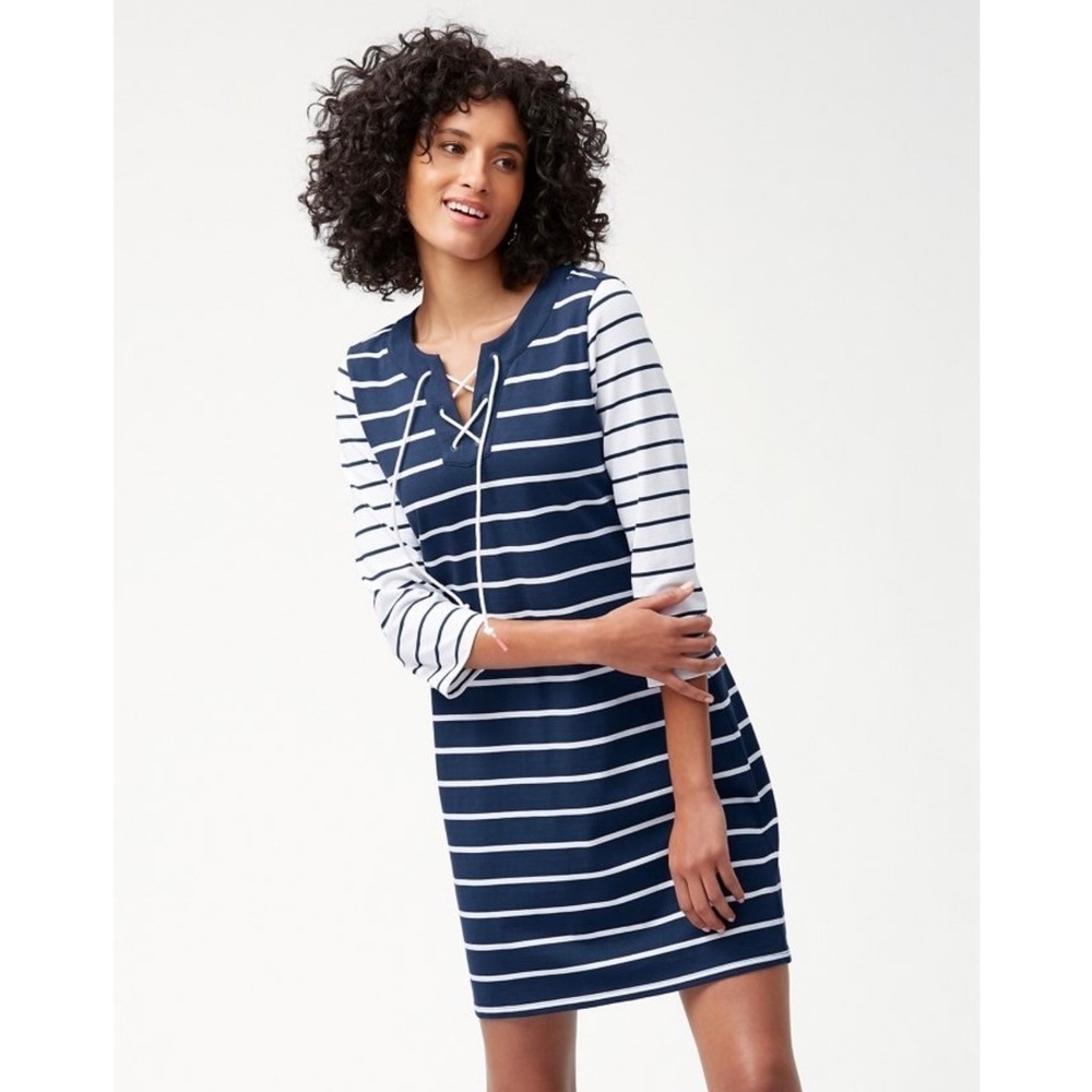 NWT!! TOMMY BAHAMA Floricita Stripe Shift Dress Navy Blue White Stripe X-Small